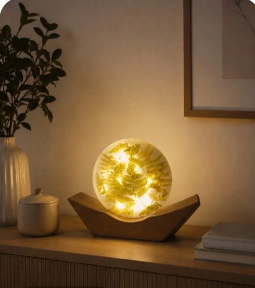 Květinová Lampa z pryskyřice Loďka Kapradí